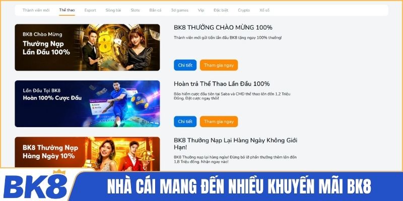 Nhà cái mang đến nhiều khuyến mãi BK8 cho người chơi
